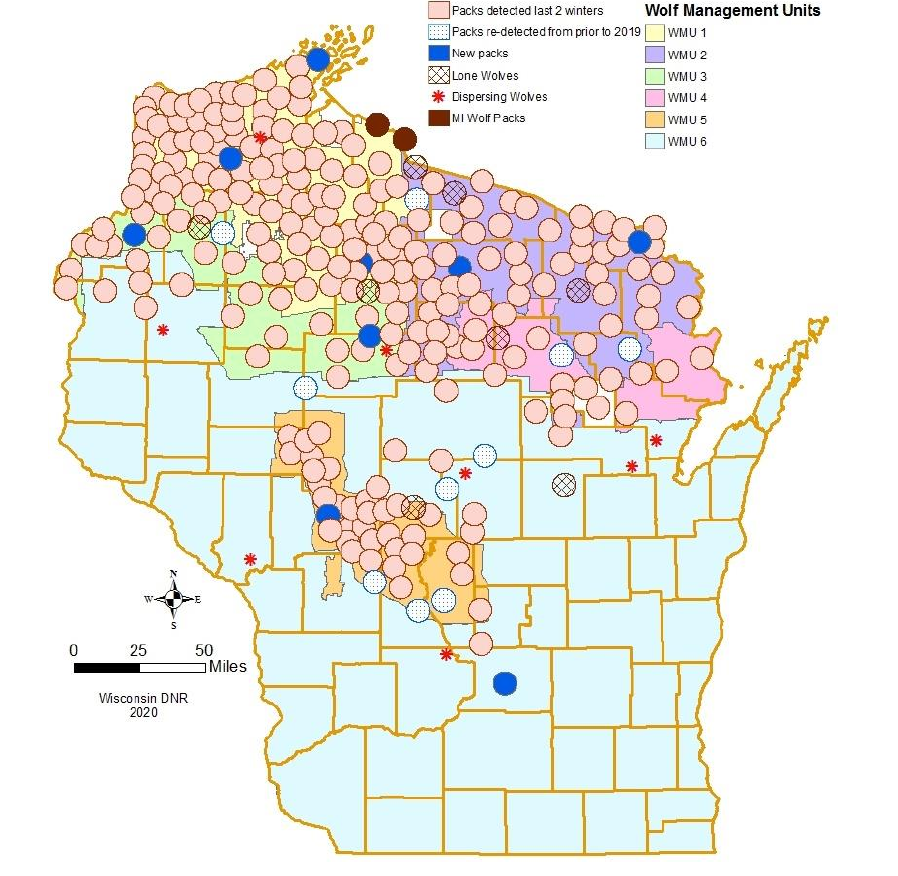 Map of Gray Wolf Distribution in Central and Northern Wisconsin